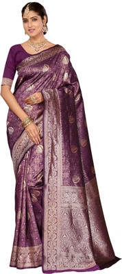 Emv Everymoment Vouge Solid/Plain Kanjivaram Art Silk Saree(Purple)