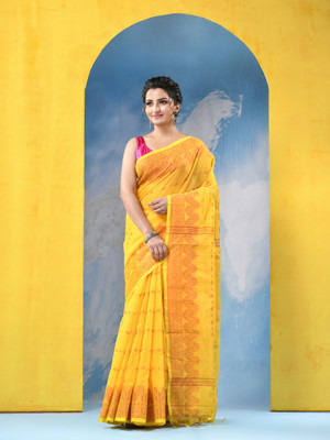 Desh Bidesh Self Design Tant Handloom Cotton Silk Saree(Yellow)