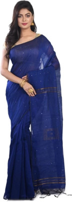 Sampa Das Self Design Handloom Cotton Silk Saree(Blue)