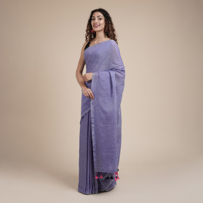Teejh Solid/Plain Handloom Cotton Blend Saree(Blue)
