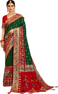 Akhilam Embroidered Patola Silk Blend Saree(Green)