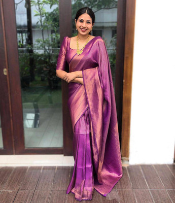 Aldwych Woven, Solid/Plain Kanjivaram Silk Blend Saree(Purple)