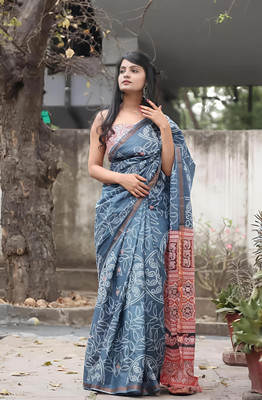 VCREATION Digital Print Bollywood Cotton Linen Saree(Grey)