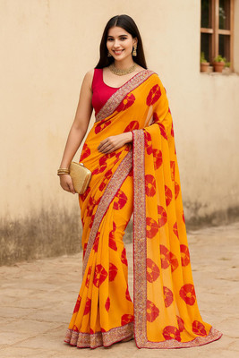 Sasta Bazar Printed, Embroidered Bandhani Georgette Saree(Orange)