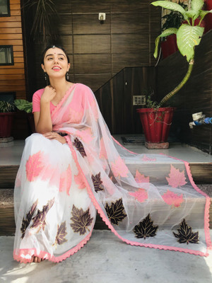 Fashion Day Embroidered Bollywood Net Saree(White)