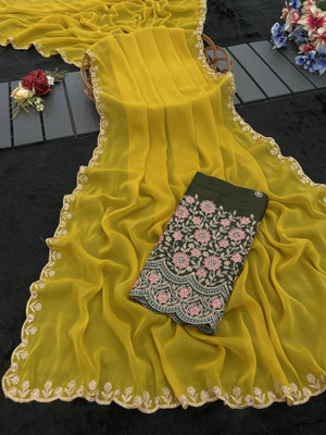 saanvi Embroidered Bollywood Georgette Saree(Yellow)