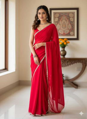 JB CREATION Self Design, Embellished, Solid/Plain Bollywood Georgette Saree(Red)