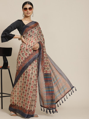 SILK ZONE Printed Chanderi Cotton Blend Saree(Multicolor)