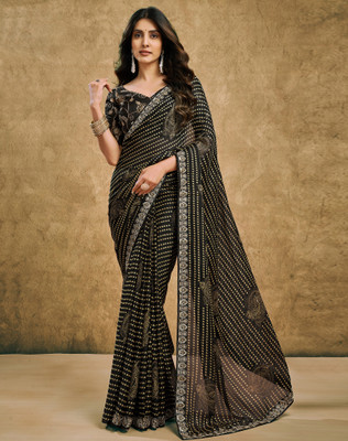 SIRIL Striped, Embellished Bandhani Georgette Saree(Black)