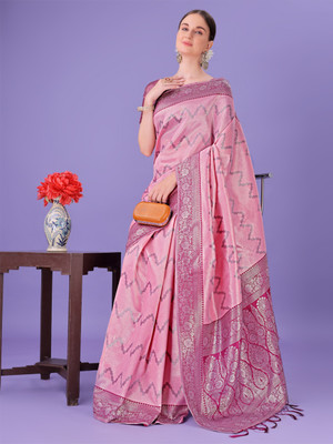 Tasrika Woven Banarasi Cotton Silk Saree(Pink)