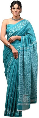 Crafts Moda Floral Print Daily Wear Pure Cotton Saree(Dark Blue)