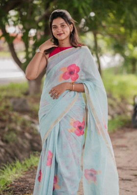 VASTRAAKALA Floral Print, Printed Daily Wear Cotton Linen Saree(Light Blue)