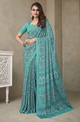 Sudarshana Printed Bollywood Silk Blend, Crepe Saree(Green)