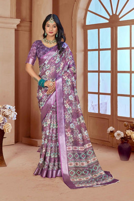 Rachna Printed Daily Wear Linen Saree(Purple)