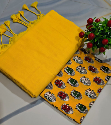 JHILUU Solid/Plain, Printed Handloom Cotton Blend Saree(Pack of 2, Yellow)
