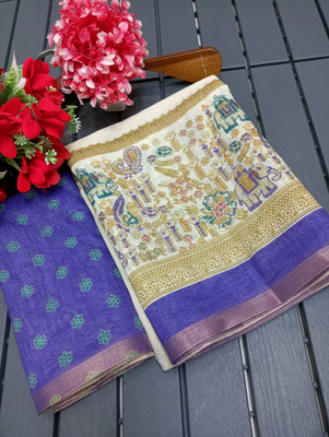 AARAANA Printed Banarasi Pure Silk, Cotton Silk Saree(White)