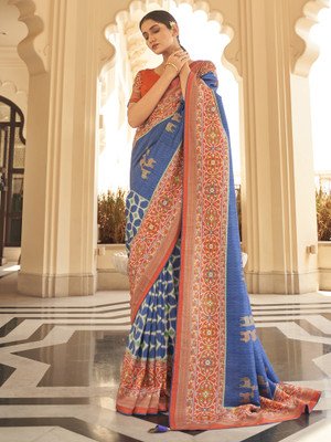 Sareemall Printed Patola Tussar Silk Saree(Dark Blue)