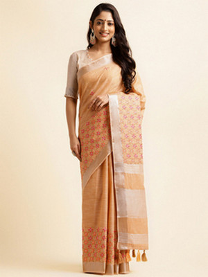 NEGRONI Printed Daily Wear Cotton Linen Saree(Orange)