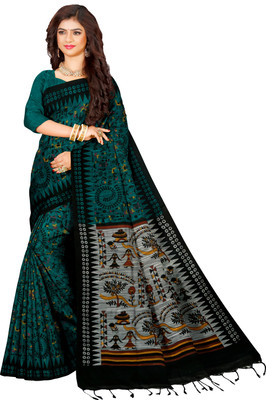 Quetzal Printed Madhubani Pure Cotton Saree(Dark Green)