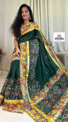 Chandan Fabrics Printed Bollywood Chanderi Saree(Dark Green)