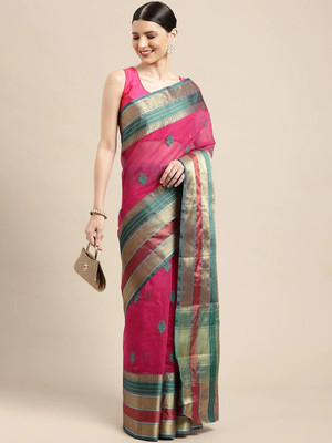 Leeza Store Embellished, Embroidered, Self Design, Solid/Plain, Woven Kota Doria Silk Blend Saree(Pink)
