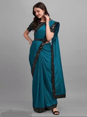 HouseOfCommon Embellished Bollywood Lycra Blend Saree(Light Blue)