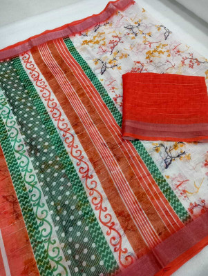 HangerStories Printed Kanjivaram Linen, Cotton Linen Saree(Multicolor)