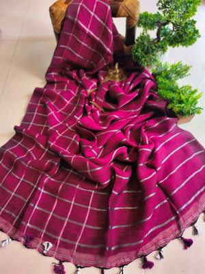 AMIT STORE Self Design Handloom Cotton Linen Saree(Magenta)