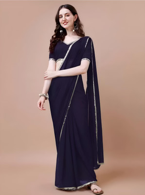 Labheshwari Solid/Plain Bollywood Georgette Saree(Dark Blue)