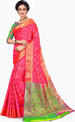 M.S.RETAIL Self Design Banarasi Silk Blend Saree(Green, Pink)
