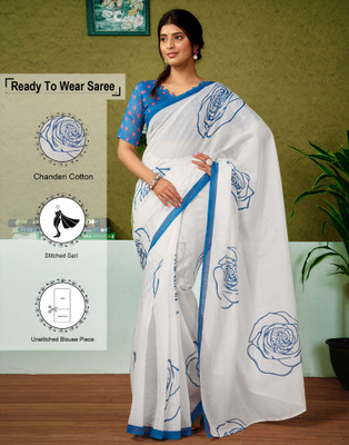 Samah Printed Sambalpuri Chanderi, Cotton Blend Saree(Blue, White)
