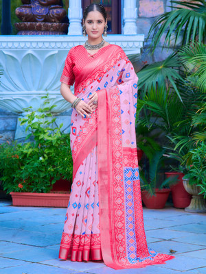 Anouk Rustic Digital Print Hand Batik Cotton Linen Saree(Pink)
