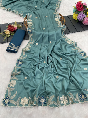 Ethina Fashion Embroidered Bollywood Silk Blend Saree(Blue)