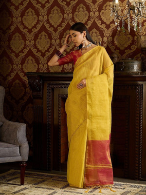 Vichitra Woven, Self Design Banarasi Tissue, Silk Blend Saree(Yellow)