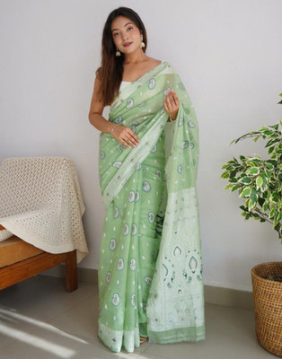 Samah Woven, Embellished, Self Design Banarasi Cotton Blend Saree(Light Green, White)
