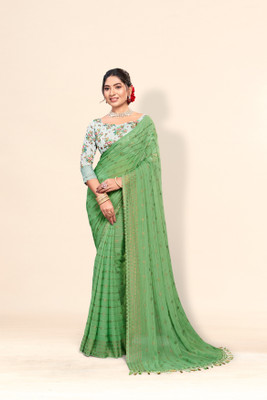 Sanskriti Synthetics Striped Handloom Chiffon Saree(Light Green)