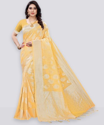 Samah Woven, Embellished Kanjivaram Cotton Silk Saree(Silver, Yellow)
