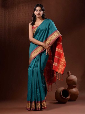 LDma Woven Tant Handloom Cotton Silk Saree(Dark Green)