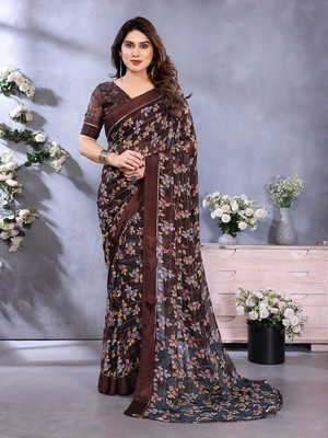 Moda Rapido Embellished, Floral Print Bollywood Georgette, Satin Saree(Brown)