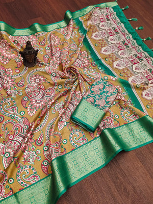 aaravtrendz Printed Banarasi Pure Silk Saree(Multicolor)