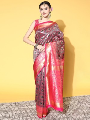 Divastri Floral Print Dharmavaram Silk Blend Saree(Multicolor)