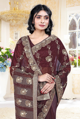 AnjaniTextiles Embroidered, Embellished Bollywood Georgette Saree(Brown)
