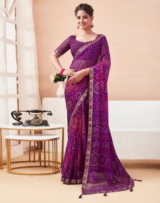 Swarne Geometric Print Bandhani Chiffon Saree(Purple)