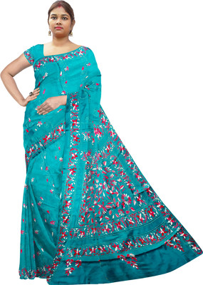 SHRISTI CLOTHINGS Embroidered Kantha Silk Blend Saree(Blue)