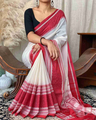 ADbutiq Printed Tant Cotton Blend Saree(White)
