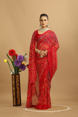 Damru trendz Digital Print Leheria Georgette Saree(Red)
