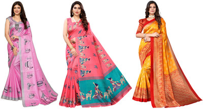 YASHIKA Woven, Printed Kalamkari Art Silk Saree(Pack of 3, Multicolor)