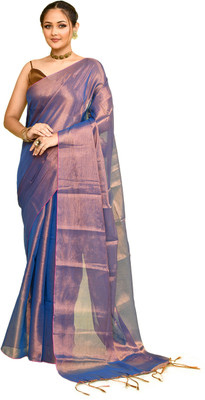 Sprish Solid/Plain Handloom Tissue Saree(Blue)