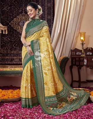 Samah Floral Print, Geometric Print, Printed Bhagalpuri Silk Blend Saree(Yellow, Green, Multicolor)