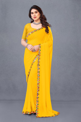 Herink Fashion Solid/Plain Bollywood Georgette Saree(Yellow)